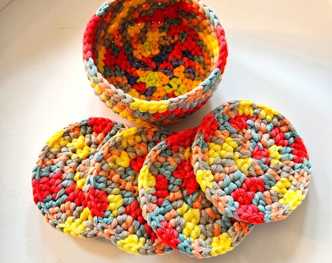 COLORFUL BOHO COASTERS in a Bowl Set of Four Crochet Coasters, Cork