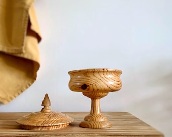 Wood Piedestal Bowl with Lid: Swedish Vintage Pine Trinket Box
