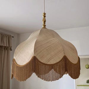 Vintage Fringed Chandelier - Ceiling Linen Pendant Light - Beige Mustard & Golden - Large Mid-Century Scandinavian Hanging Lamp with Tassels