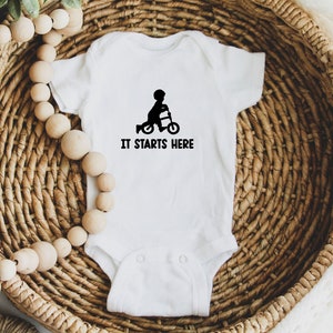 Baby Bike Vest, It Starts Here, Riding Onesie, Motorcycling Gift, Cycling, Motorbike, Baby Gift, Baby Shower Gift, Pregnancy Gift