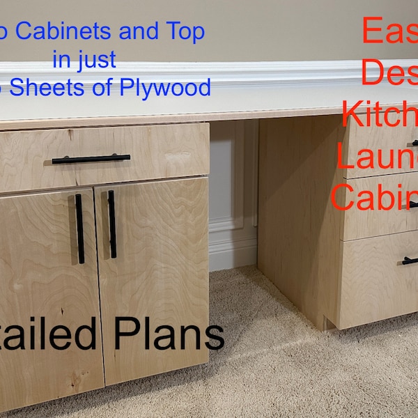 Easy Cabinet Desk Plans - Two Cabinets and Top using only Two sheets of Plywood - Garage, Kitchen, Furniture, Laundry Room and more