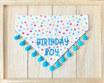 May include: A white dog bandana with a colorful confetti pattern and blue pom-poms around the edges. The bandana has the text "Birthday Boy" printed on it.