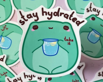 Frog Stickers Kawaii Stay Hydrated | Japanese Froggy Vinyl Stickers | Small Gifts | Holographic Stickers