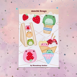 Autocollant Mochi Strawberry Frog Autocollant Dessert japonais Autocollant Kawaii Food Crepe Ice Cream Stickersheet Autocollant Nourriture asiatique
