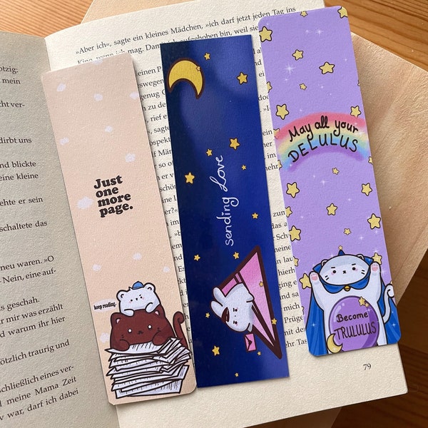 Katzen Lesezeichen | Mond Hase | beidseitig & laminiert | Kawaii Bookmarks | doppelt bedruckt | Buchliebhaber |niedliche Lesezeichen |Delulu