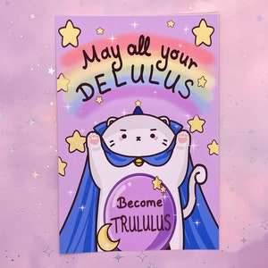 Carte Chat Magique Delulu | Impression d'art de chat | A5 | Imprimé chat magique | Chat magicien | Art Kawaii
