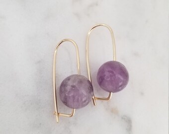 Minimalist Amethyst and Gold Fill Earrings, Handmade with Large Round Amethyst Beads, February Birthstone Earrings