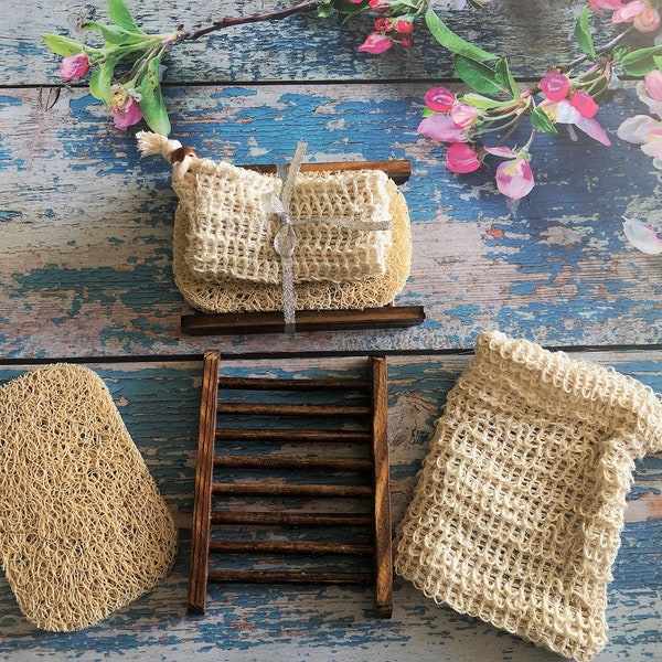 Soap Saver | Lift Pad | Natural Sisal Soap Saver Pouch | Bamboo Wood Soap Rack| Zero Waste | Plastic Free | Gift Set|  Eco Friendly | Bundle