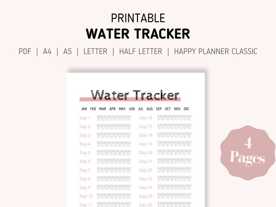 Printable Water Intake Tracker 31 Days water intake tracker | Etsy