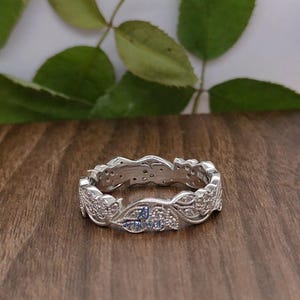 Art Nouveau Floral Motif Band, Round Moissanite Diamond Milgrain Band, Antique Art Deco Full Eternity Band, Vintage Inspired Engagement Band