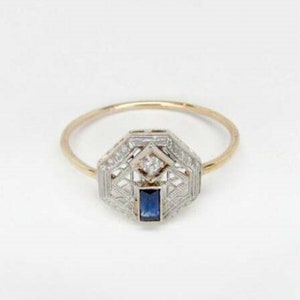 Blue Sapphire Baguette Cut Diamond Vintage Ring, Octagon Shape Milgrain Retro Ring, Antique Ring For Women, Art Deco Ring, Geometric Ring