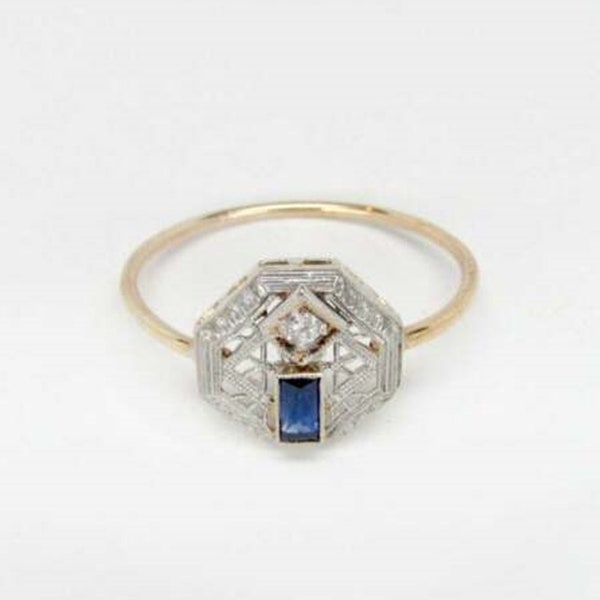 Blue Sapphire Baguette Cut Diamond Vintage Ring, Octagon Shape Milgrain Retro Ring, Antique Ring For Women, Art Deco Ring, Geometric Ring