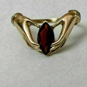 Gold & Silver Claddagh Ring, Red Garnet Marquise Cut CZ Diamond Ring, Hand Holding Gemstone Ring, Unique Jewelry, Birthday Gift For Her