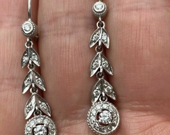 Antique Retro Leaf Inspire Earring, Round Moissanite Diamond Drop Earring, Engagement Anniversary Gift Earring, Lever Back Drop Earring