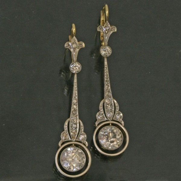 Pendientes colgantes Art Déco de la década de 1920, pendientes colgantes Art Déco antiguos, pendientes de estilo vintage, pendientes eduardianos de diamantes moissanita de corte europeo antiguo