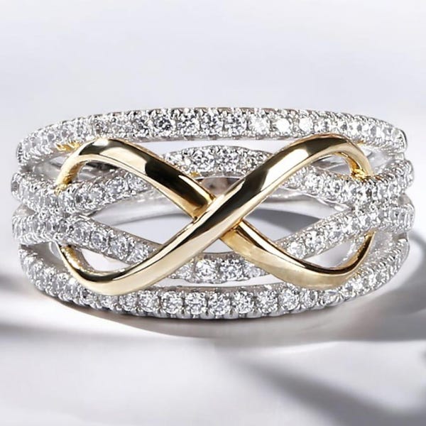 Two Tone Gold Infinity Ring, Round Cut Moissanite Diamond Wedding Ring, Engagement Proposal Ring, Infinity Knot Ring For Women, Fine Jewelry