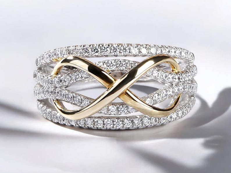 Two Tone Gold Infinity Ring, Round Cut Moissanite Diamond Wedding Ring ...