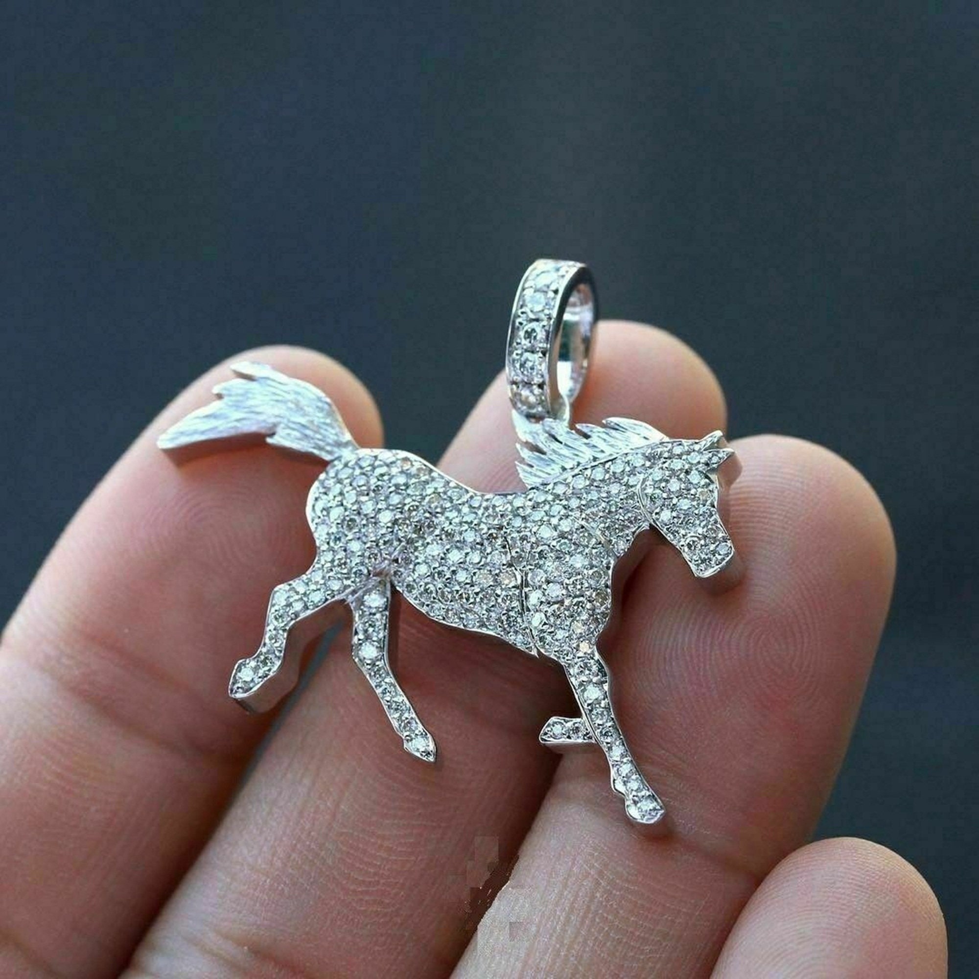HORSE Shape Animal Inspired Penant Birthday Gift White Gold Finished Men's Or Boy Pendant Round Cut Moissanite Diamond Charm Necklace