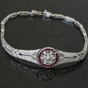Pink Baguette & Round CZ Stone Wedding Bracelet, Vintage Style Ruby Bracelet, Openwork Filigree Bracelet, Antique Art Deco Estate Bracelet