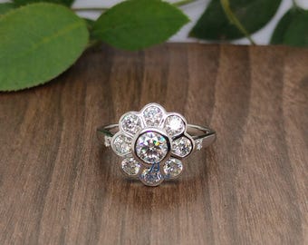 Bezel Set Cluster Engagement Ring, Round Moissanite Diamond Floral Motif Ring,Vintage Style Flower Ring, 14K White Gold Wedding Ring For Her
