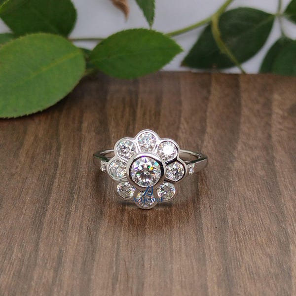 Bezel Set Cluster Engagement Ring, Round Moissanite Diamond Floral Motif Ring,Vintage Style Flower Ring, 14K White Gold Wedding Ring For Her