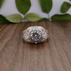 Old European Moissanite Diamond Edwardian Ring, Floral Motif Vintage Ring, Art Deco Ring, Bezel Set Three Stone Engagement Ring For Gift
