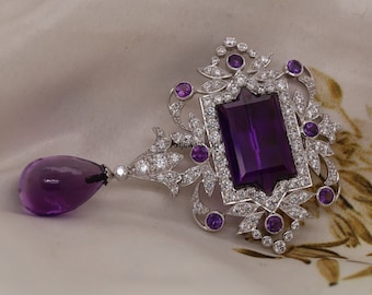 Amethyst Belle Epoque Art Nouveau Brooch, Art Deco Style Drop Diamond Brooch, Openwork Victorian Wedding Brooch, Retro Gemstone Brooch