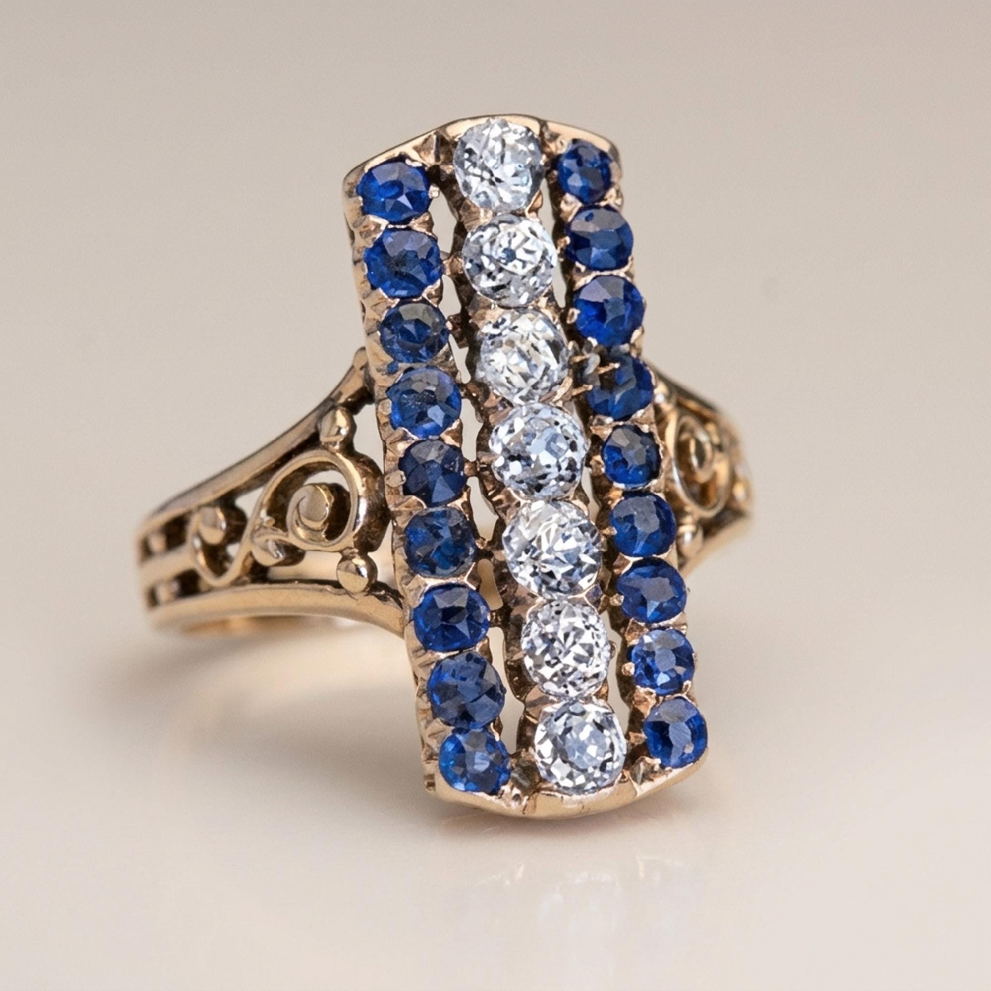 1890's Victorian Dinner Ring, Antique Art Deco Sapphire Ring in Yellow ...