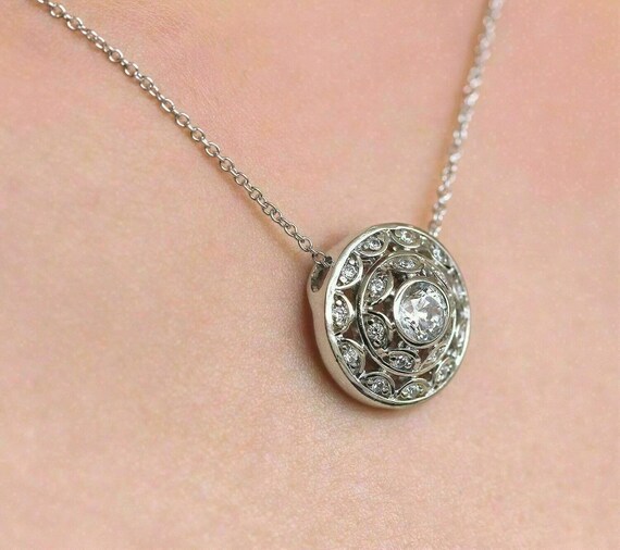 Art Deco Floral Style Necklace, Dainty Openwork Pendant Necklace, Round Moissanite Diamond Minimalist Necklace, Anniversary Gift For Wife