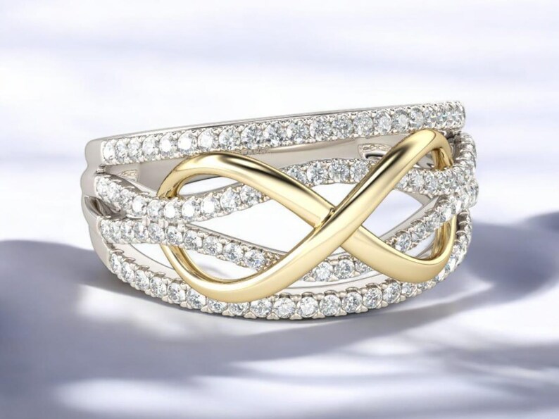 Two Tone Gold Infinity Ring, Round Cut Moissanite Diamond Wedding Ring ...