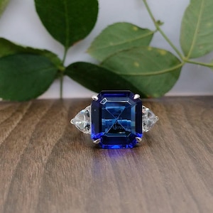 Sapphire Blue Square Emerald With Trillion Cut CZ Stone Ring, Trilogy Wedding Ring For Bride, Three Stone Engagement Ring, Gemstone Ring