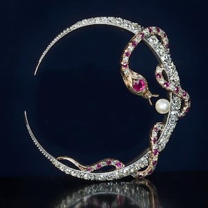 Victorian Crescent Moon And Snake Brooch, Belle Epoque 1890's Ruby Round CZ Stone Serpent Pin, Art Deco Party Wear Brooch, Wedding Brooch