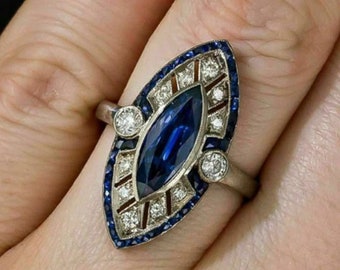 Sapphire Art Deco Navette Shape Ring, Antique Bezel Set Marquise Cut Diamond Ring, Unique Vintage Look Bridal Ring, Edwardian Gemstone Ring