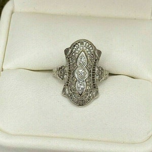 Antique Filigree Art Deco Ring, Round Cut Moissanite Diamond Ring, Three Stone Ring, Vintage Style Edwardian Ring, Wedding Engagement Ring