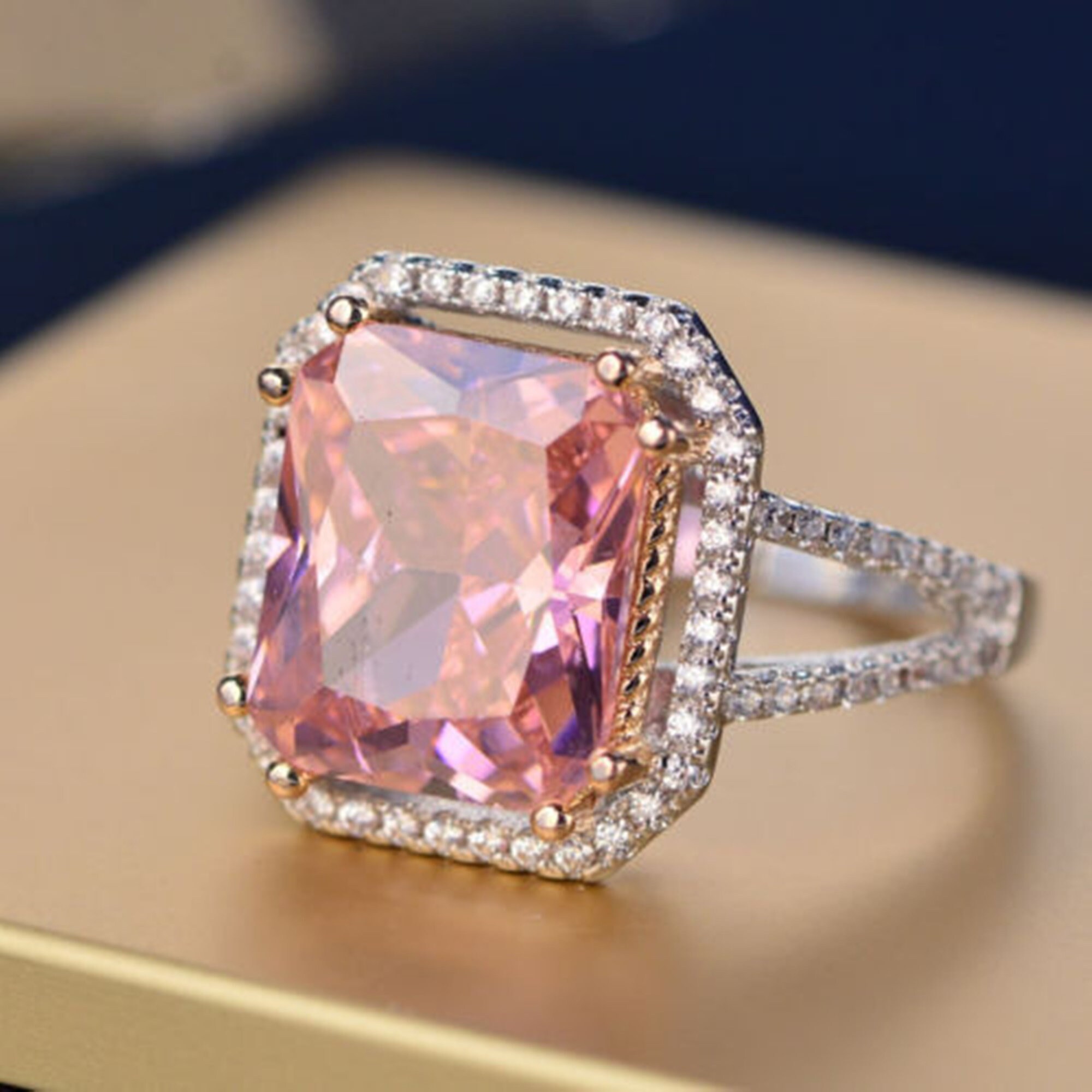 Solitaire Accent Pink Asscher Cut Diamond Ring Engagement Etsy