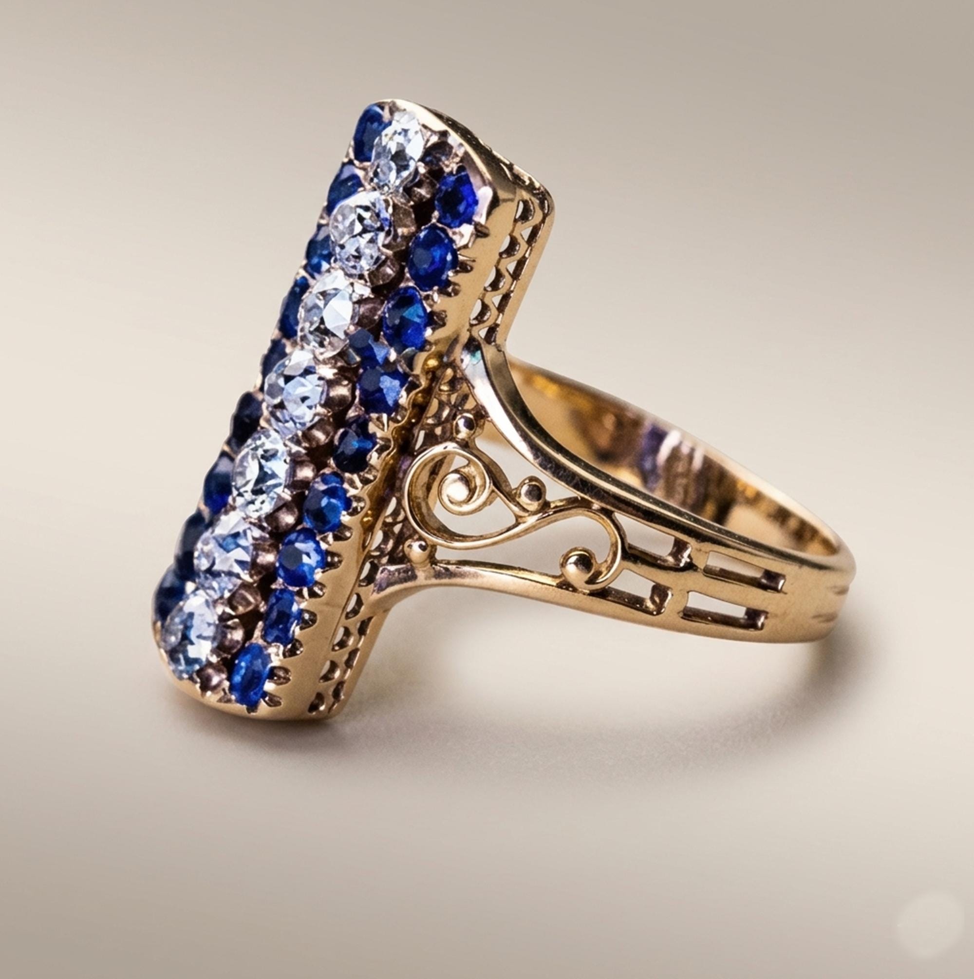 1890's Victorian Dinner Ring, Antique Art Deco Sapphire Ring in Yellow ...