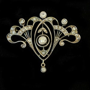Antique &#39;Belle Epoque&#39; Art Deco Diamond Brooch, Women&#39;s Edwardian 14K Gold Brooch, Mid-Century Brooch, Openwork Filigree Retro Brooch