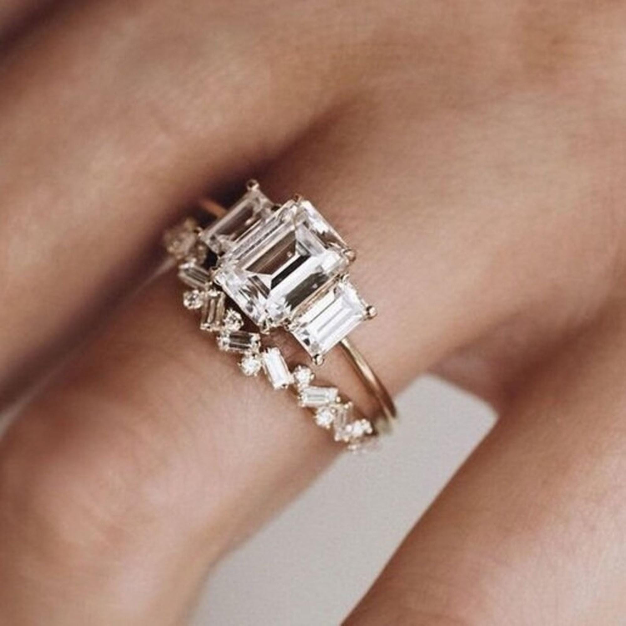 Three Stone Wedding Ring Set, Emerald Cut CZ Stone
