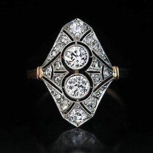 Two Tone Art Navette Antique Diamond Ring, Old European Cut Moissanite Diamond Milgrain Ring, Art Deco Openwork Filigree Ring, Estate Ring