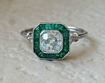 Edwardian Halo Ring, Green Baguette & Old European Cut CZ Stone Art Deco Ring, Vintage Style Wedding Engagement Ring, Christmas Gift For Her
