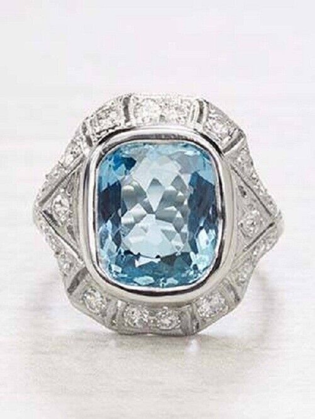 Antique Bezel Set Gemstone Ring, Aquablue Cushion CZ Stone Art Deco ...
