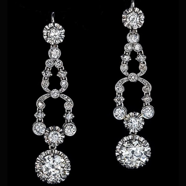 1920s Art Deco Vintage Style Earring, Old European Cut Diamond Dangle Drop Earring, Long Edwardian Antique Earring, Victorian Earring