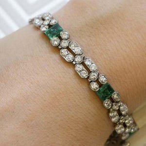 Vintage Style Art Deco Emerald Bracelet, Multi Shape CZ Stone Edwardian Bracelet For Women, 925 Silver Tennis Bracelet, Engagement Bracelet
