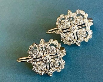 Estate Milgrain Set 14K White Gold Earring, Floral Motif Art Deco Earring, Hoop-Huggie Stud Earring, Edwardian Dangle Earring, Retro Earring