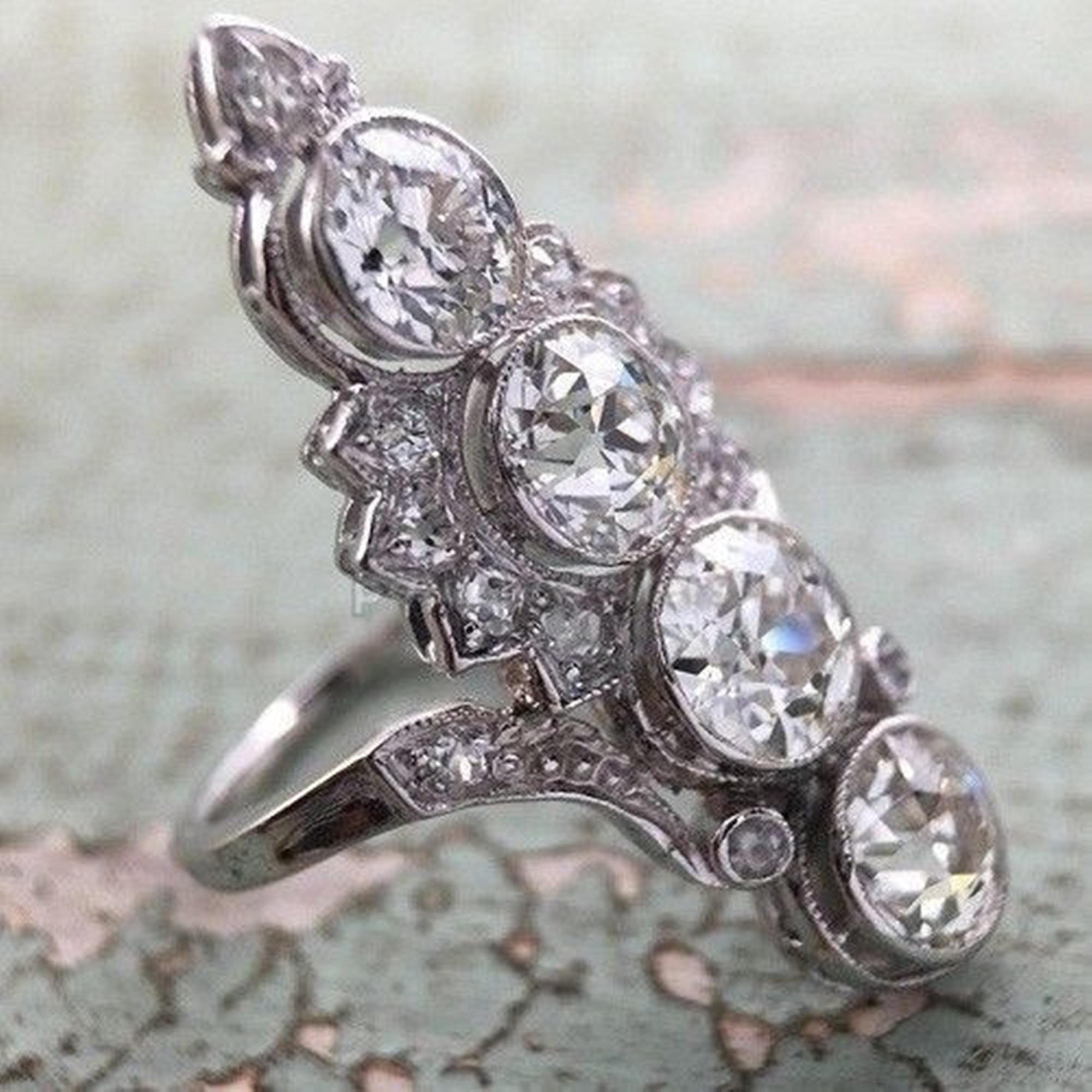 Victorian Lozenge Dinner Ring, Bezel Set Old European Cut Moissanite ...
