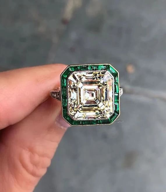 Vintage Inspired Edwardian Ring, Asscher & Green Baguette Cut CZ Stone Halo Ring, 10/14/18K Gold Wedding Bridal Ring, Christmas Gift For Her