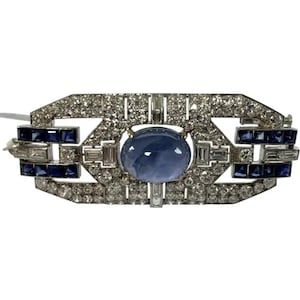 Blue Cabochon Art Deco Brooch, Sapphire & Diamond Retro Brooch, Antique Edwardian Brooch, Handmade Silver Wedding Brooch, Anniversary Gift