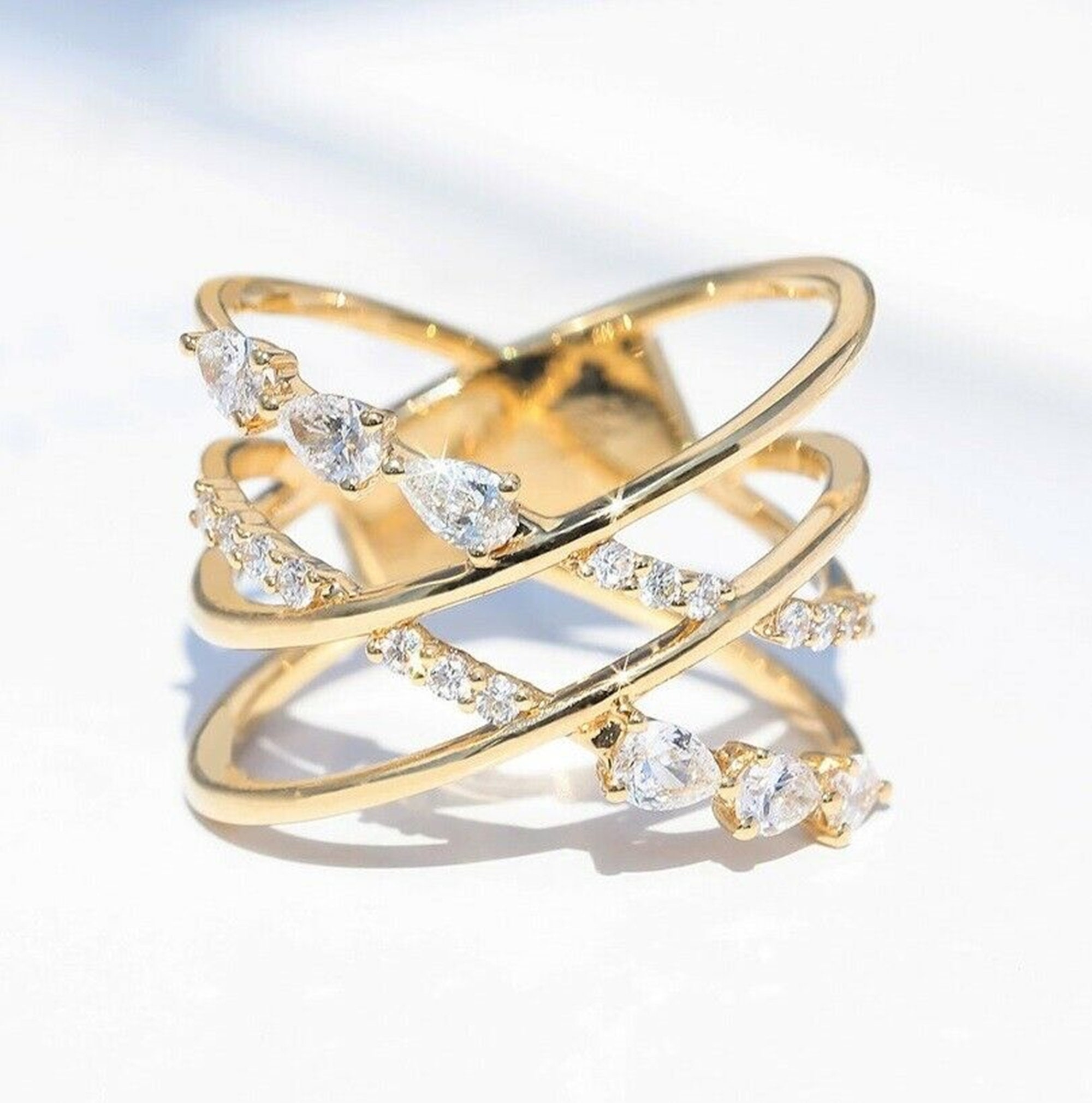 Pear With Round Cut CZ Diamond Criss Cross Ring, Double X