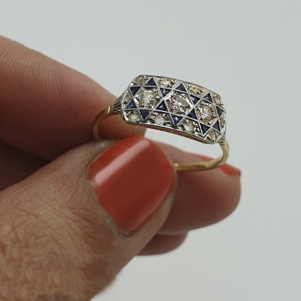 Circa 1920's Antique Geometric Art Deco Ring, Blue Triangle & Round Cut Diamond Vintage Ring, Sapphire 18K Gold Minimalist Retro Ring,