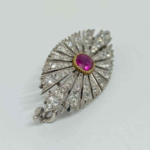 Circa 1890&#39;s Ruby Diamon Pin Brooch, Antique Sunburst Milgrain Set 14K Gold Brooch, Pink Cushion & Round Diamond Victorian Women&#39;s Brooch